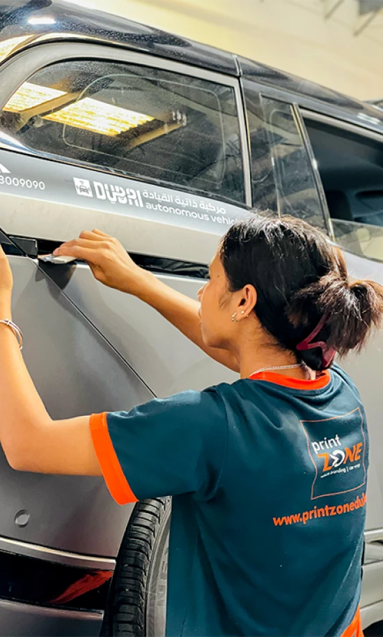 Premium car branding installation at Printzone warehouse Al Quoz Dubai