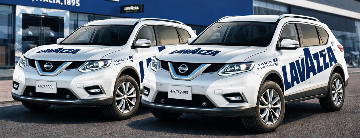 Custom vehicle branding and car wrap design for Lavazza fleet vehicles used for mobile advertising.