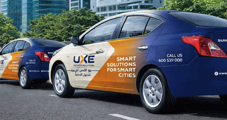 Custom vehicle branding and car wrap design for UXE fleet vehicles used for mobile advertising.
