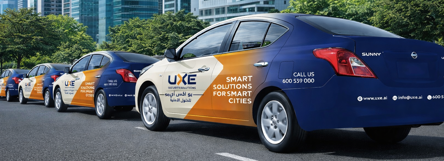 Custom vehicle branding and car wrap design for UXE fleet vehicles used for mobile advertising.