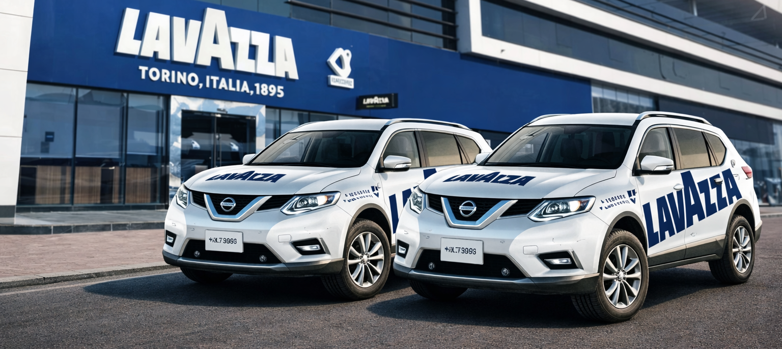 Custom vehicle branding and car wrap design for Lavazza fleet vehicles used for mobile advertising.
